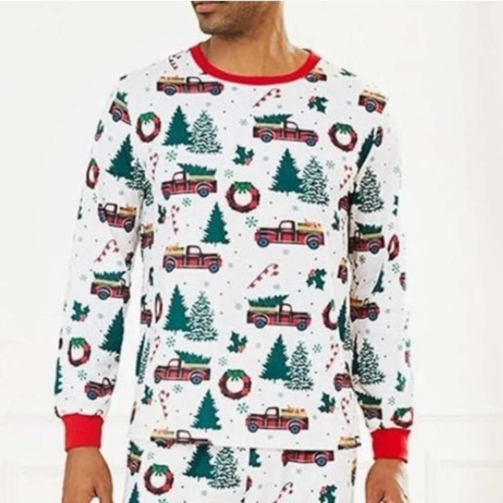 PatPat Long Sleeve Christmas Pajama Top‎ Red Truck Tree Candy Cane Mens Sz L